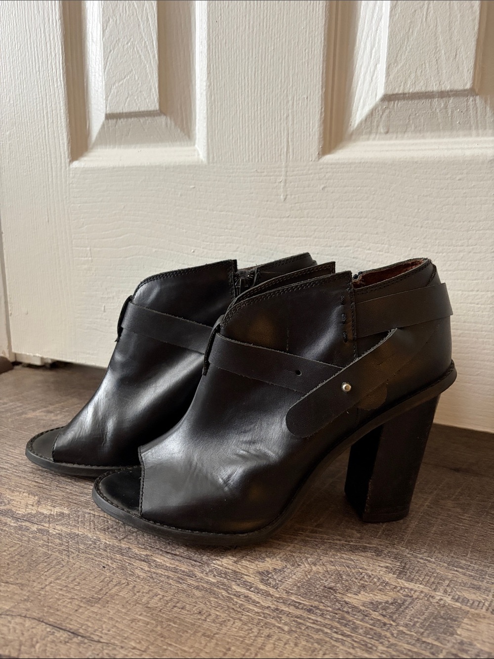 SixtySeven Spanish Black Peep-Toe Leather Ankle Booties - Women's Heeled Sandals